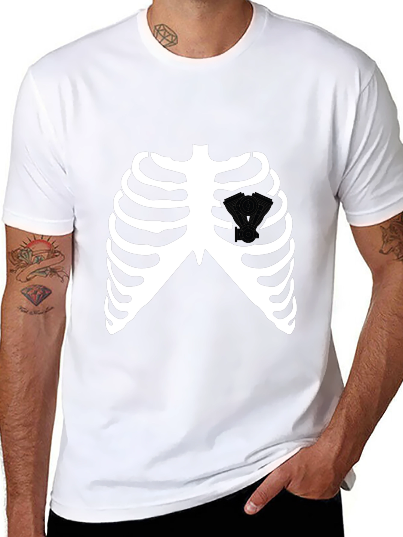 Skeleton Rib Cage V-Twin Engine Graphic T-Shirt