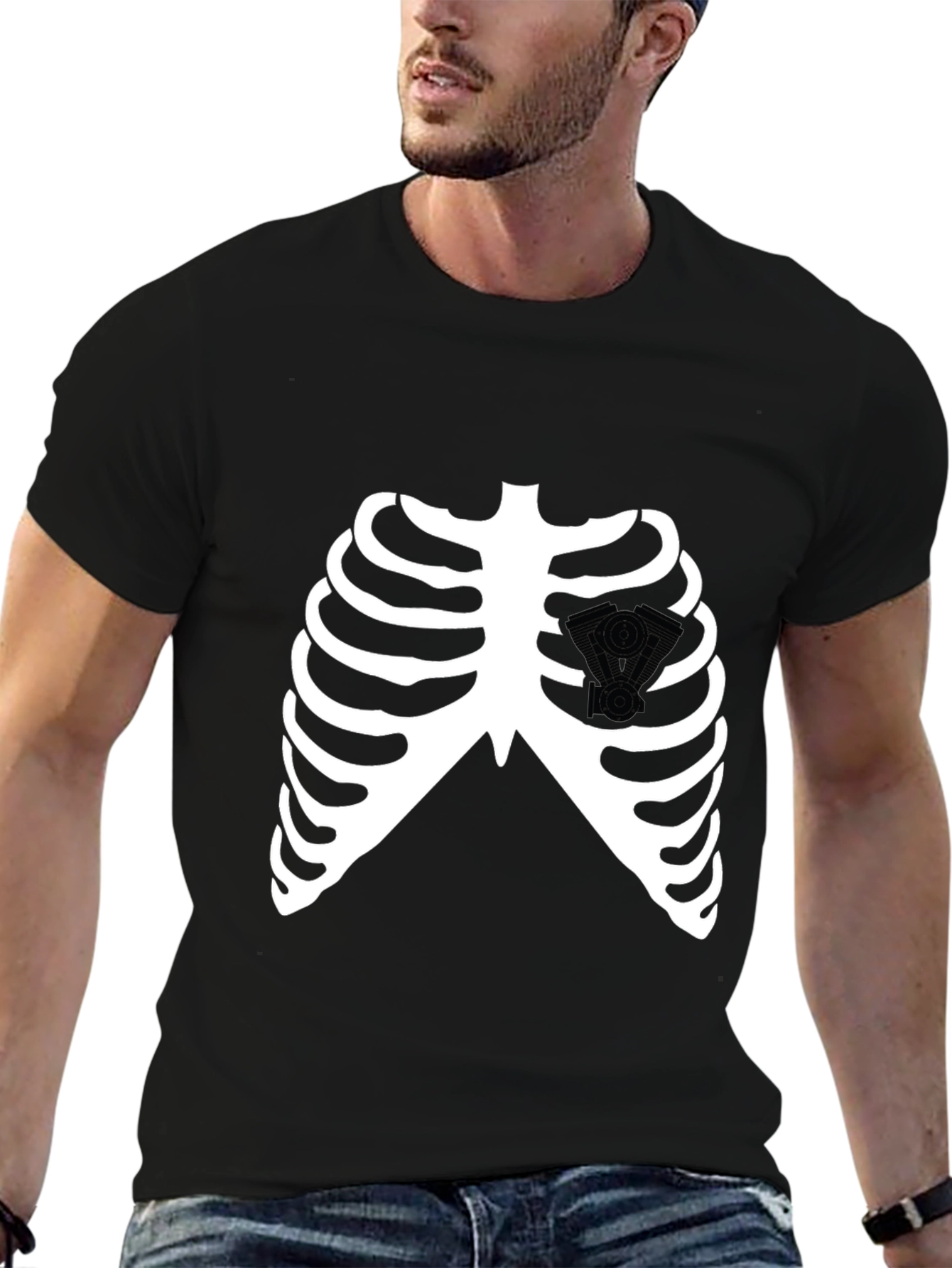 Skeleton Rib Cage V-Twin Engine Graphic T-Shirt