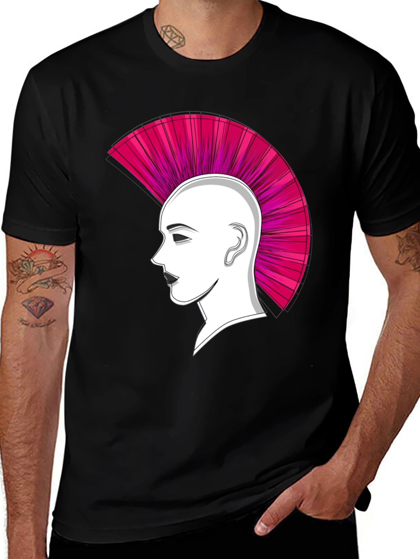 Punk Hairstyle Graphic Tee - Black Cotton T-Shirt