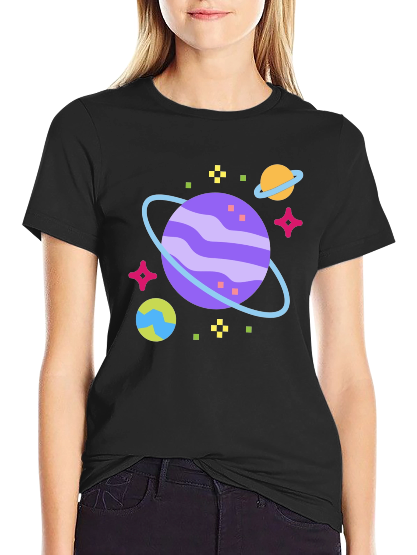 Space Planet Graphic Tee - Black Cotton T-Shirt