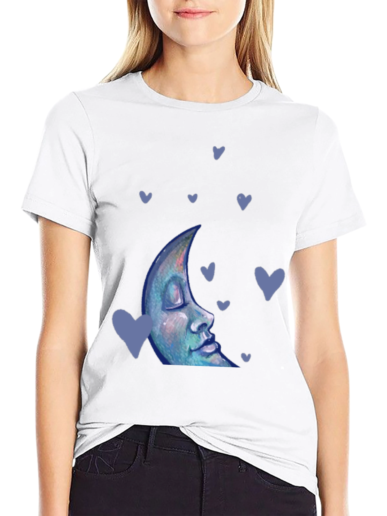 Dreamy Moon Face Tee - Black Cotton Blend T-Shirt