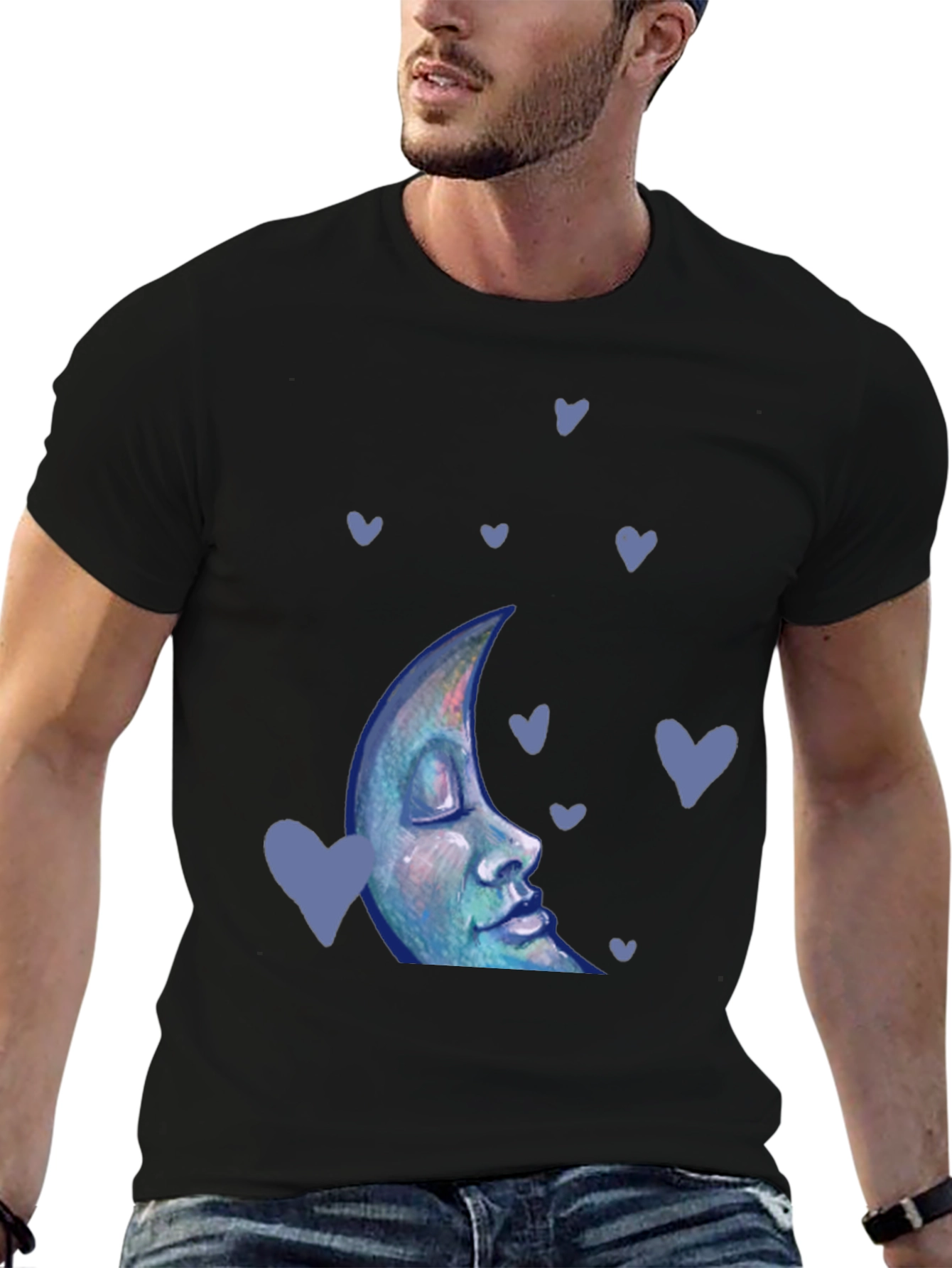 Dreamy Moon Face Tee - Black Cotton Blend T-Shirt