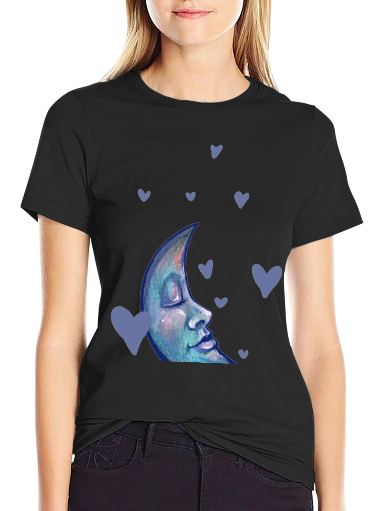 Dreamy Moon Face Tee - Black Cotton Blend T-Shirt