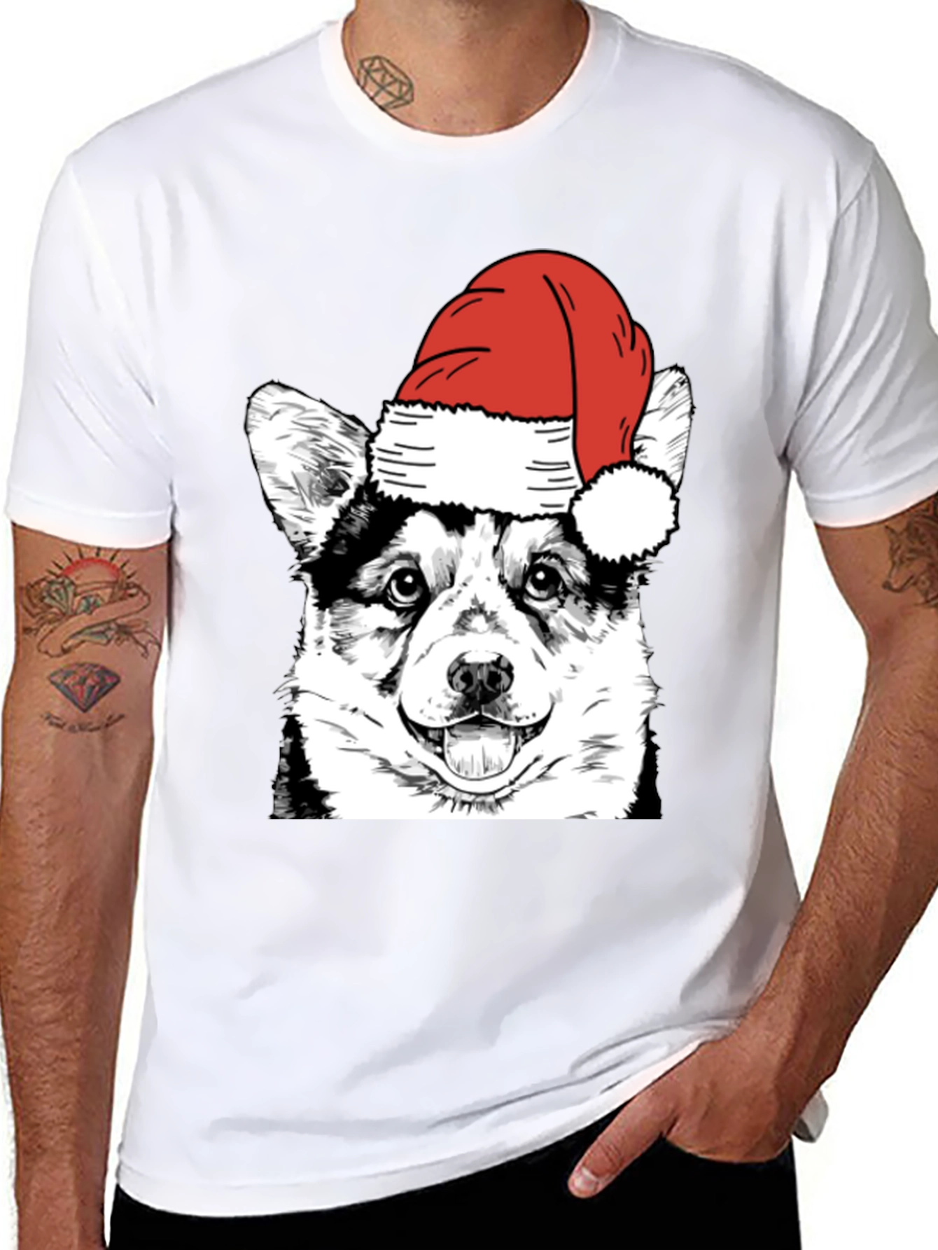 Festive Corgi Santa Hat Black T-Shirt