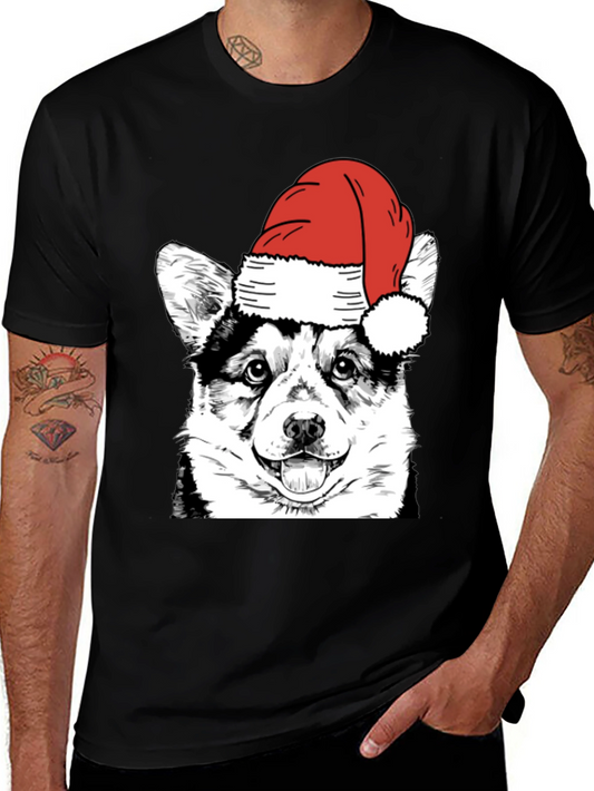 Festive Corgi Santa Hat Black T-Shirt