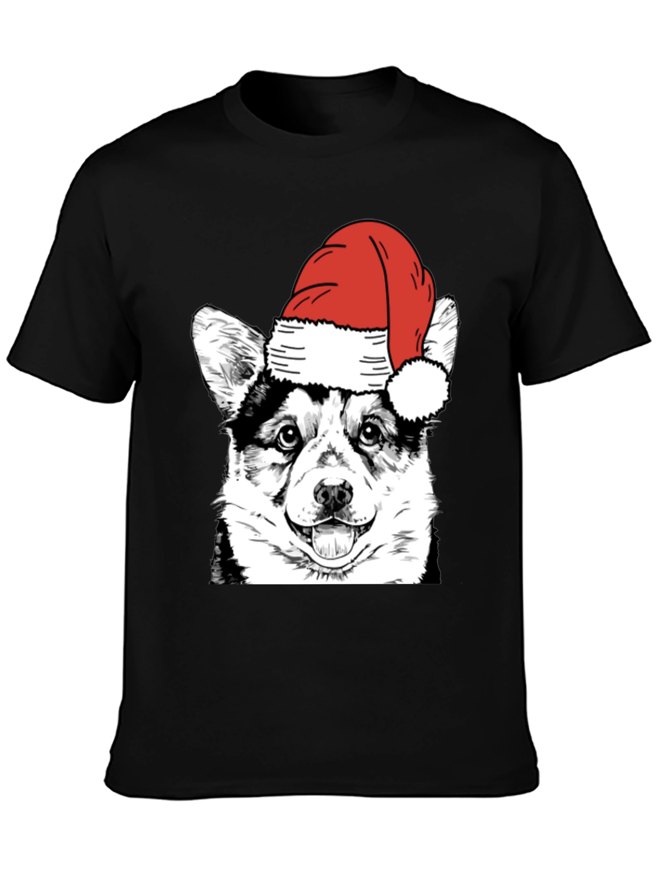 Festive Corgi Santa Hat Black T-Shirt