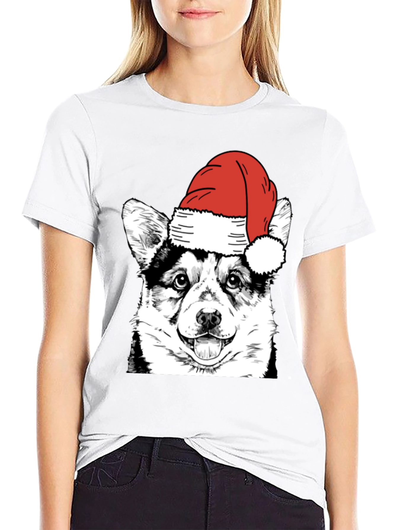 Festive Corgi Santa Hat Black T-Shirt