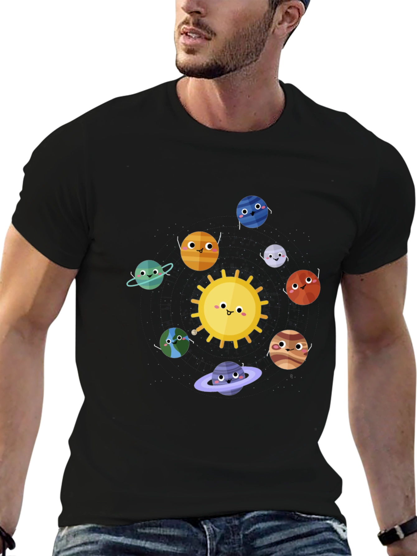Solar System Cartoon Graphic Black T-Shirt