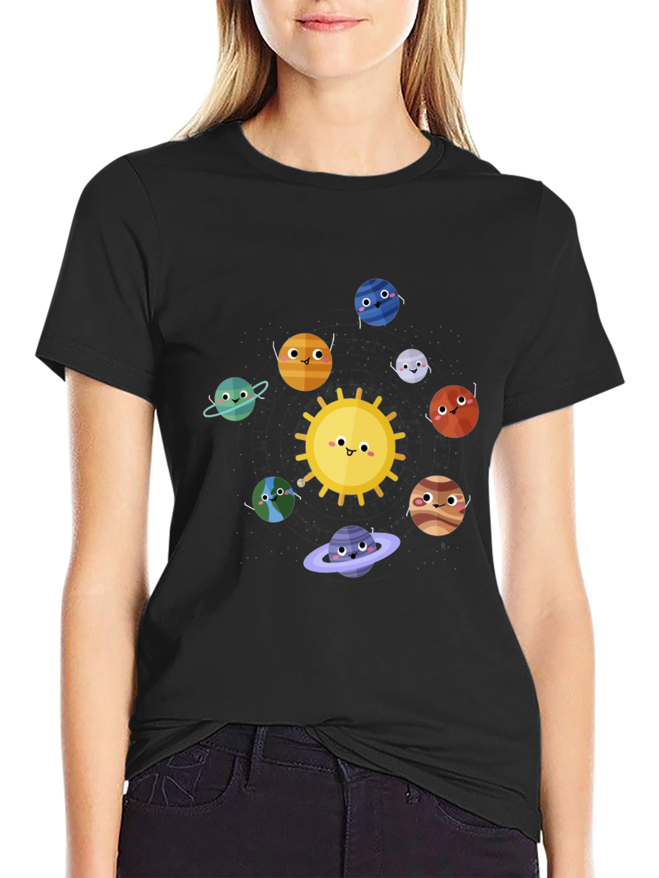 Solar System Cartoon Graphic Black T-Shirt