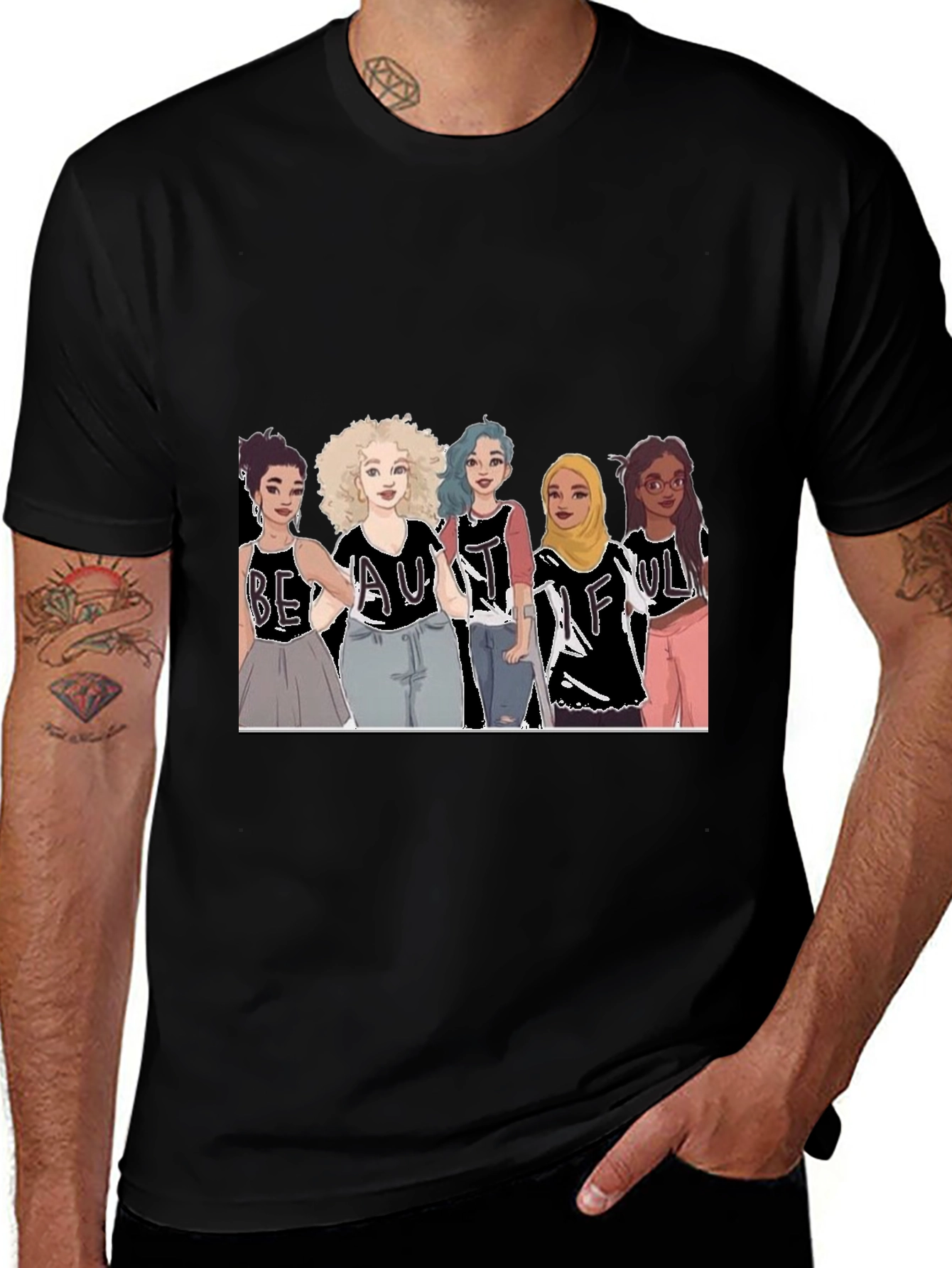 Beautiful Women Illustration Tee - Black Cotton Casual Shirt