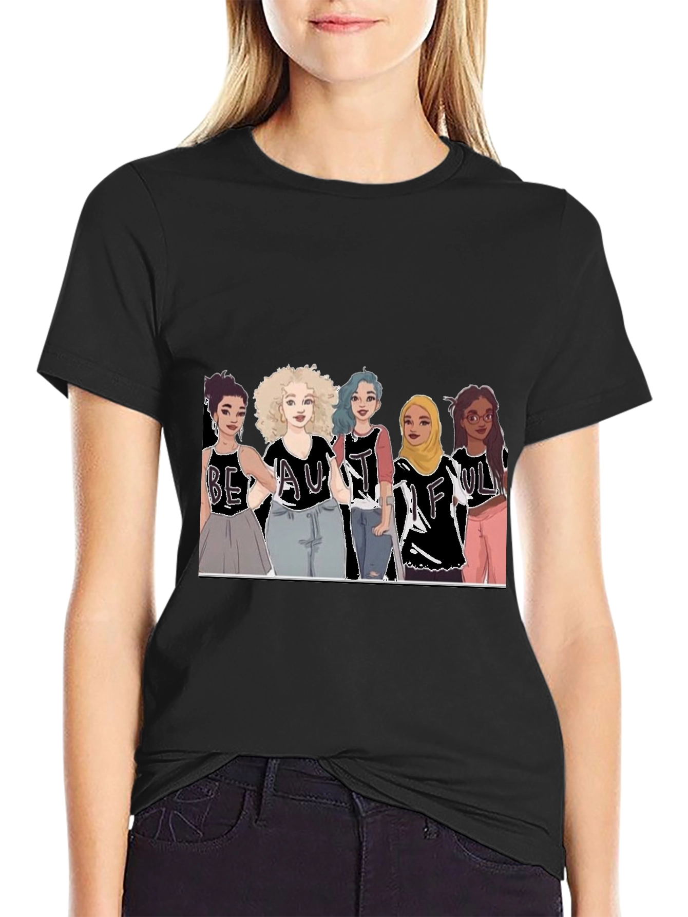 Beautiful Women Illustration Tee - Black Cotton Casual Shirt