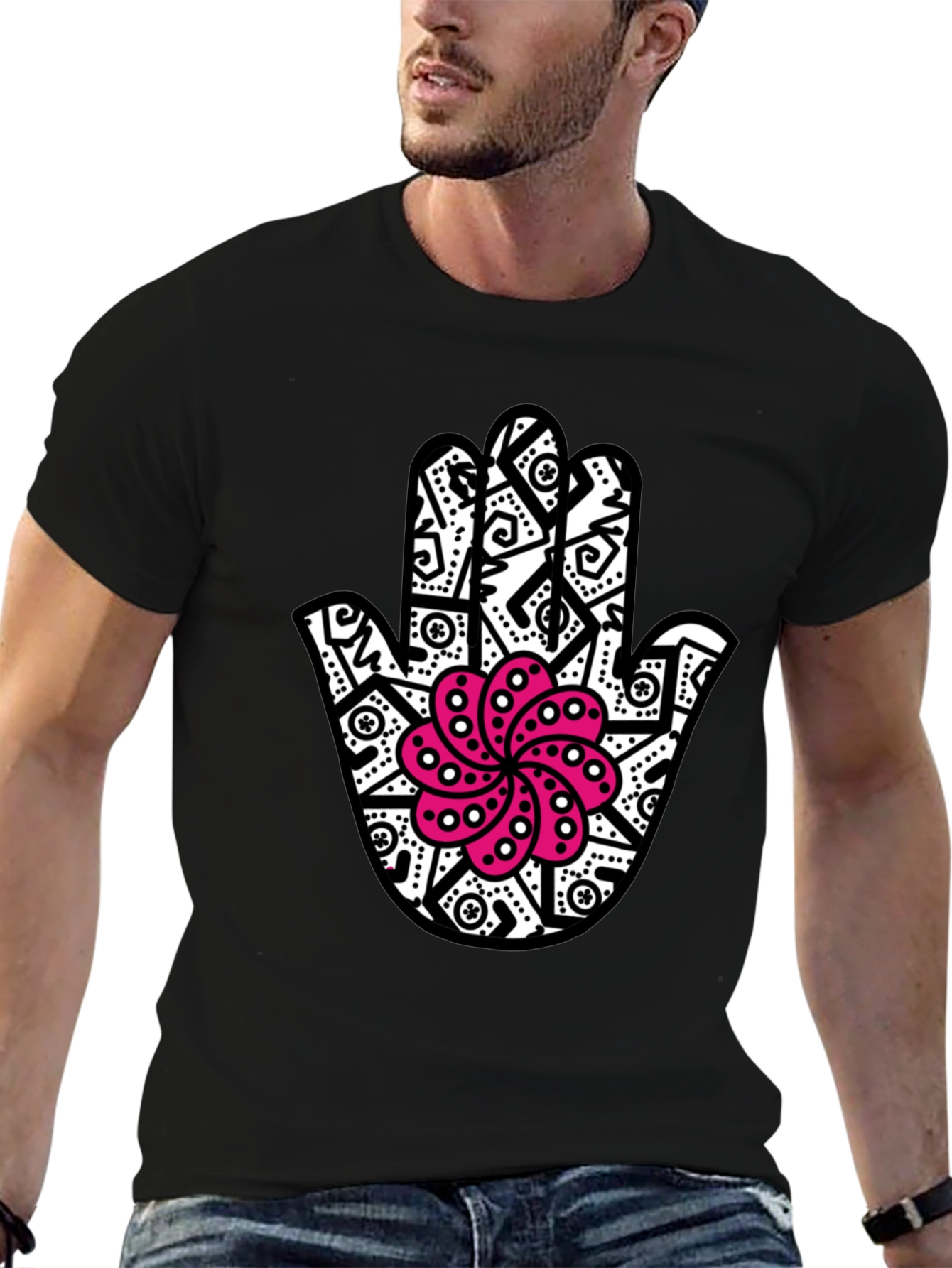 Black Hamsa Hand T-Shirt with Pink Lotus Design