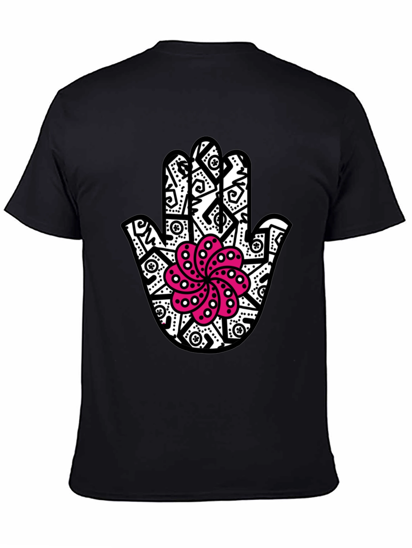 Black Hamsa Hand T-Shirt with Pink Lotus Design
