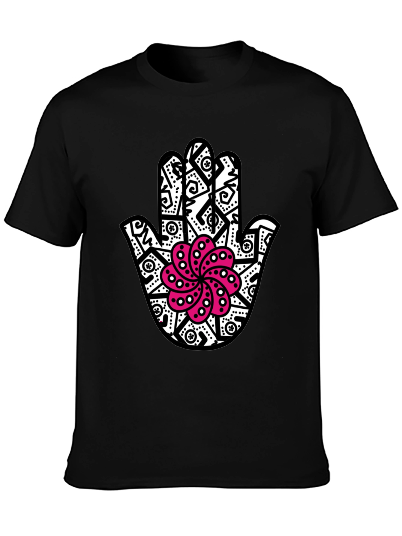 Black Hamsa Hand T-Shirt with Pink Lotus Design