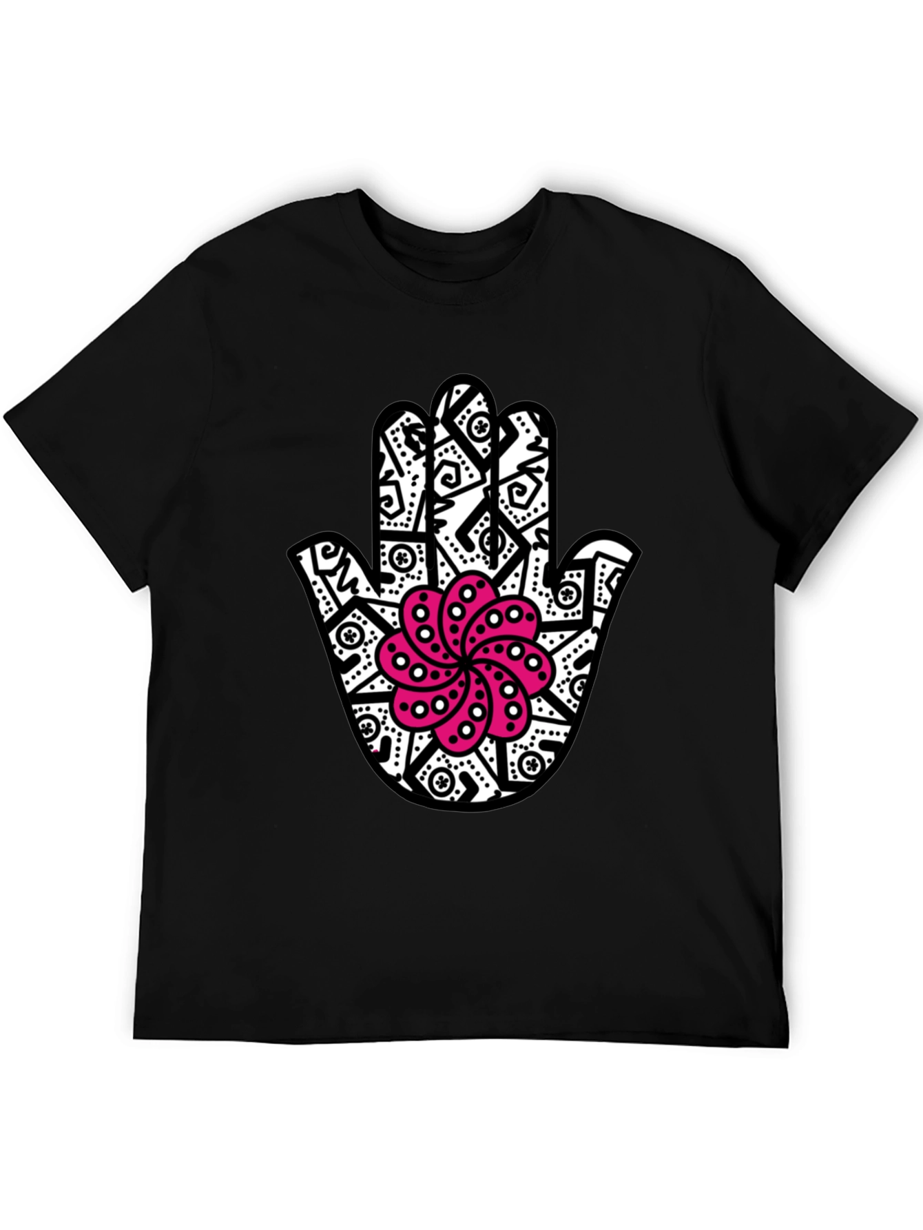 Black Hamsa Hand T-Shirt with Pink Lotus Design
