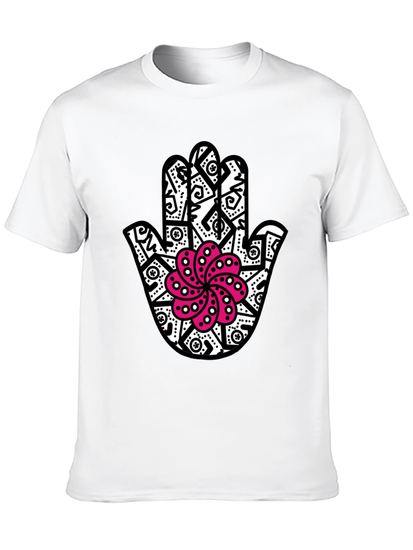 Black Hamsa Hand T-Shirt with Pink Lotus Design