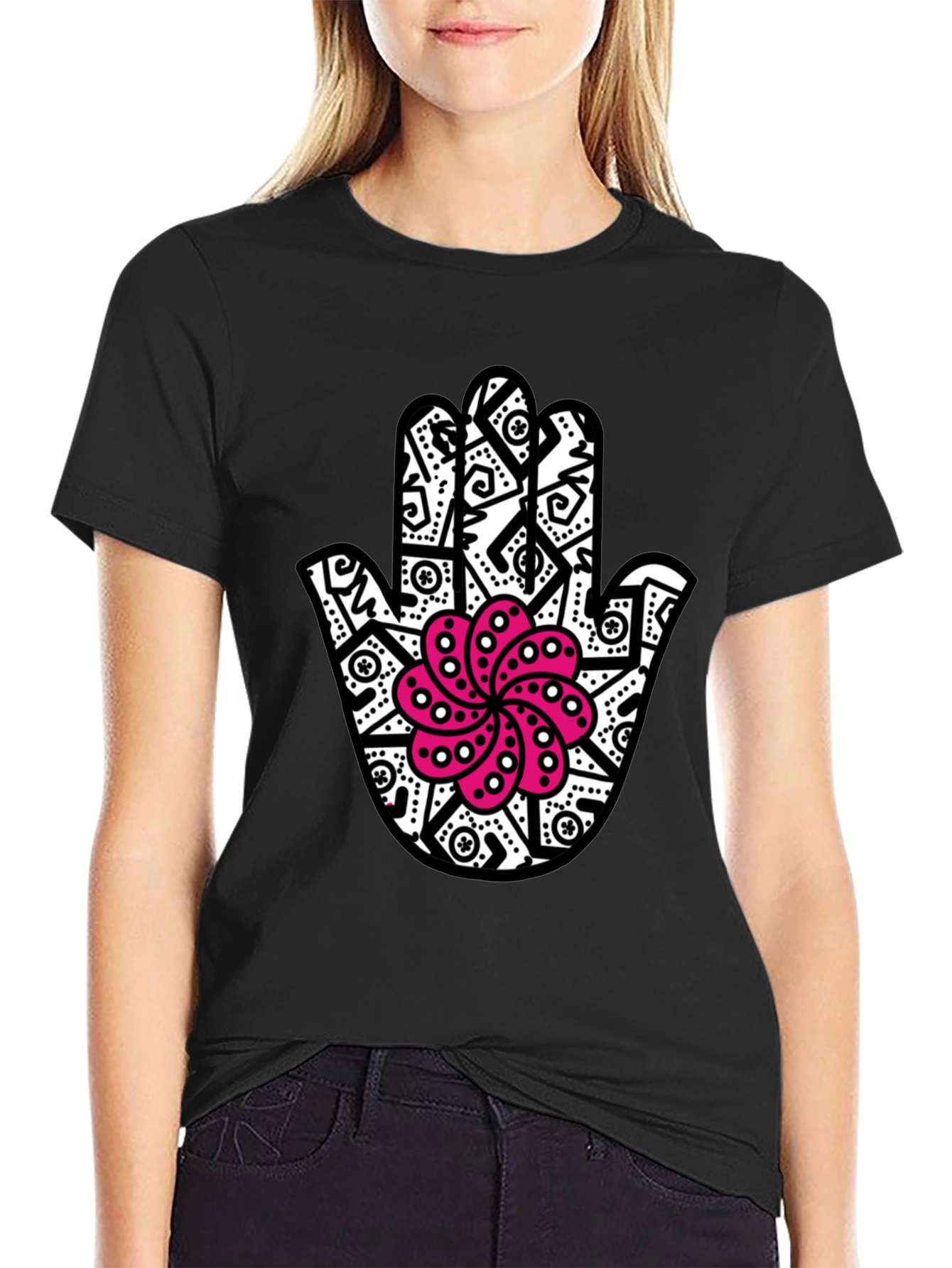 Black Hamsa Hand T-Shirt with Pink Lotus Design
