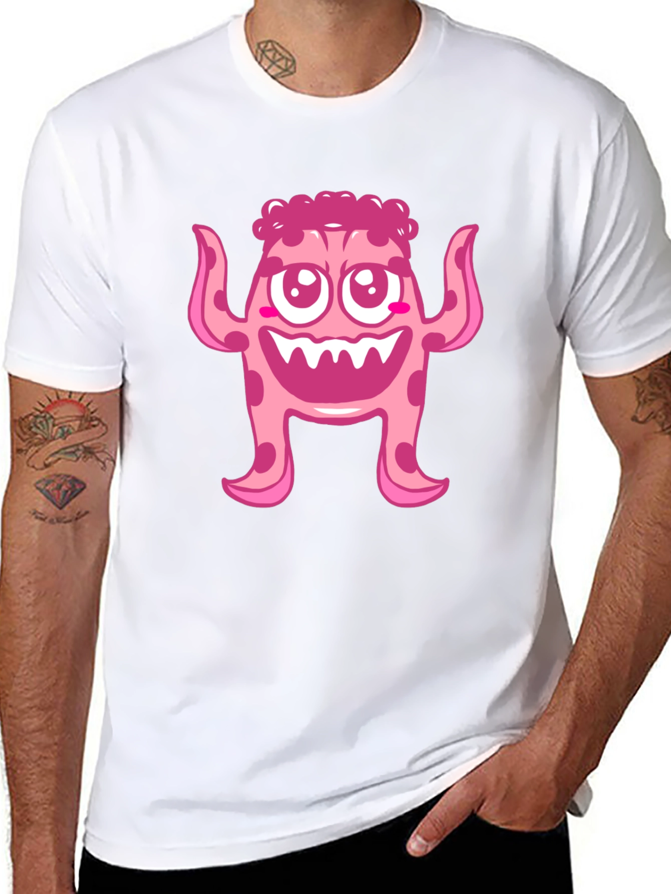 Cute Pink Monster Graphic Print Black T-Shirt