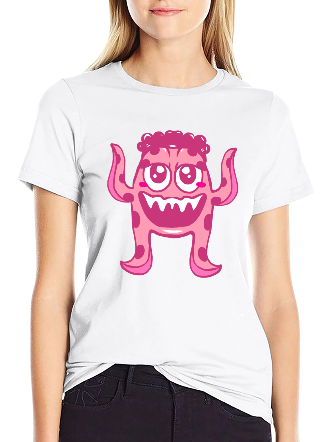 Cute Pink Monster Graphic Print Black T-Shirt