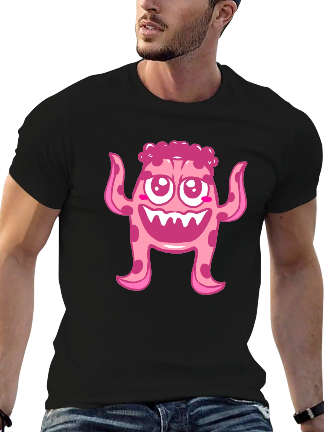 Cute Pink Monster Graphic Print Black T-Shirt