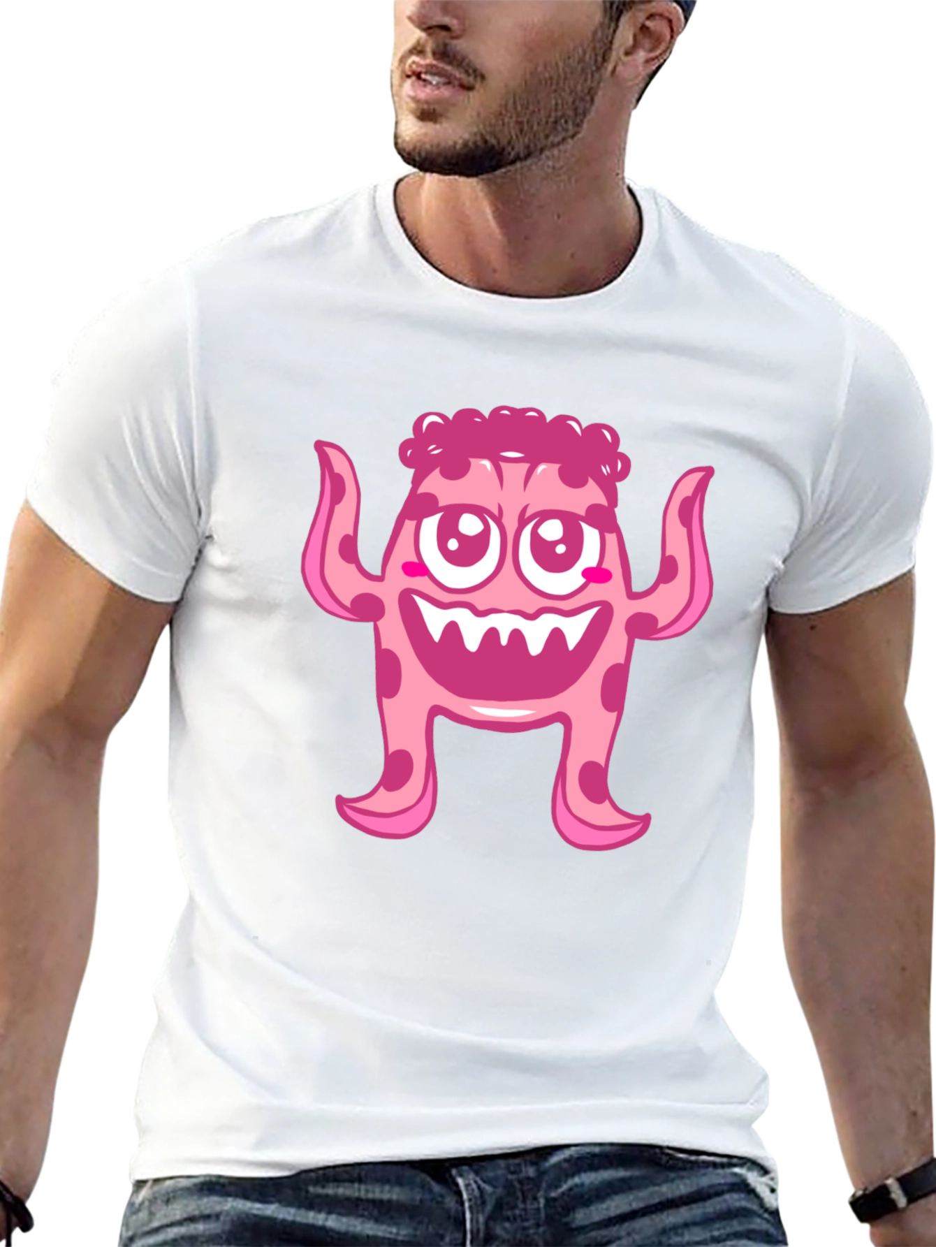 Cute Pink Monster Graphic Print Black T-Shirt