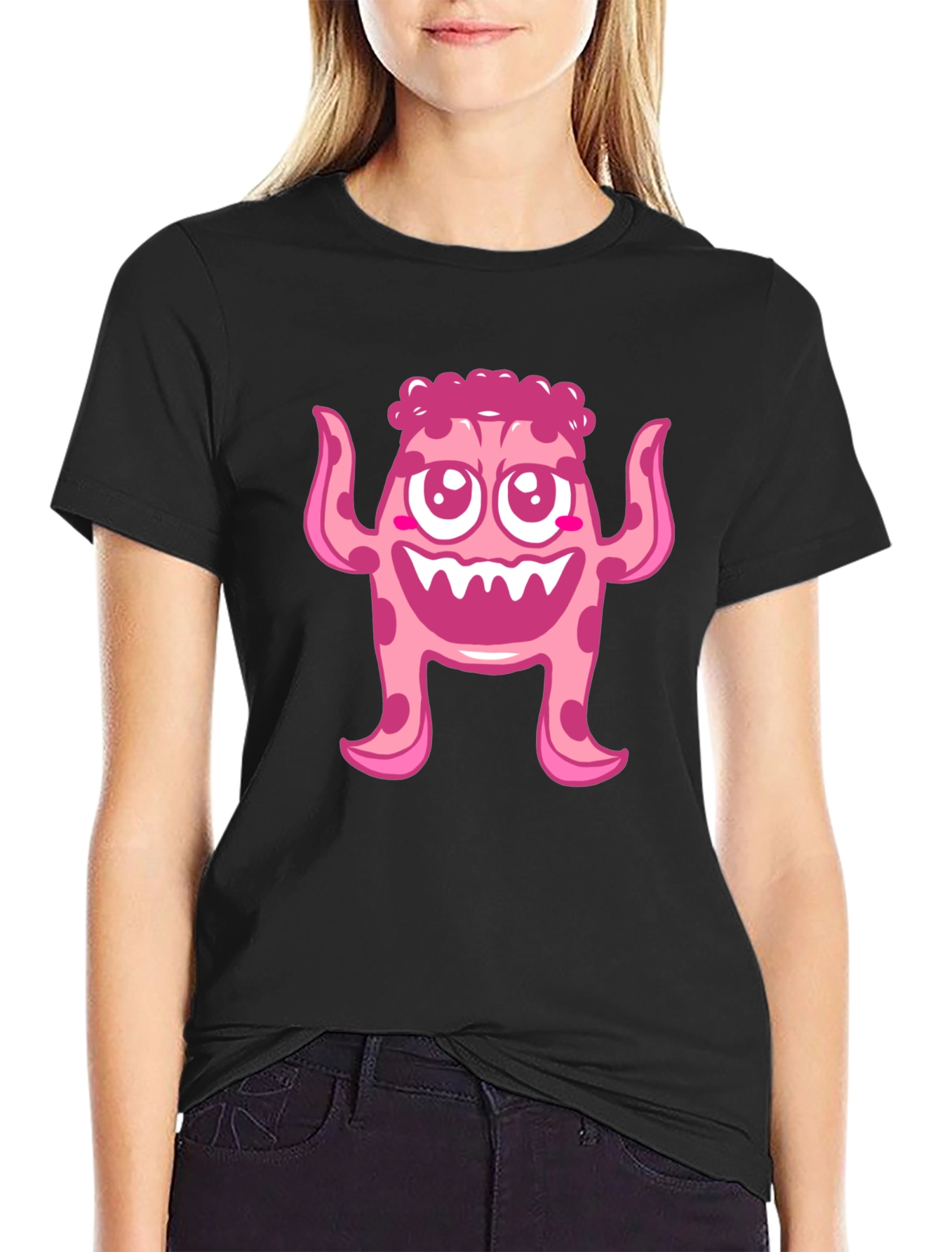 Cute Pink Monster Graphic Print Black T-Shirt