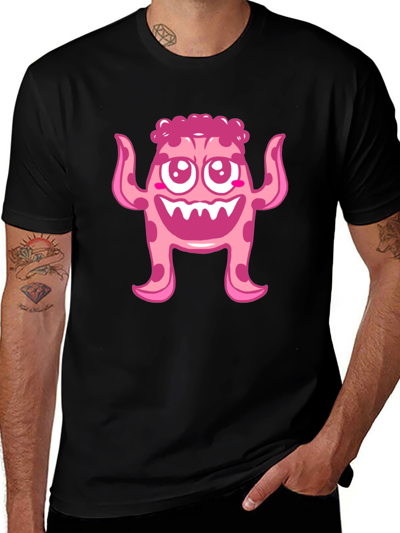 Cute Pink Monster Graphic Print Black T-Shirt