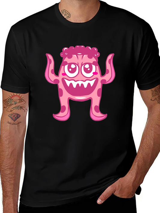 Cute Pink Monster Graphic Print Black T-Shirt