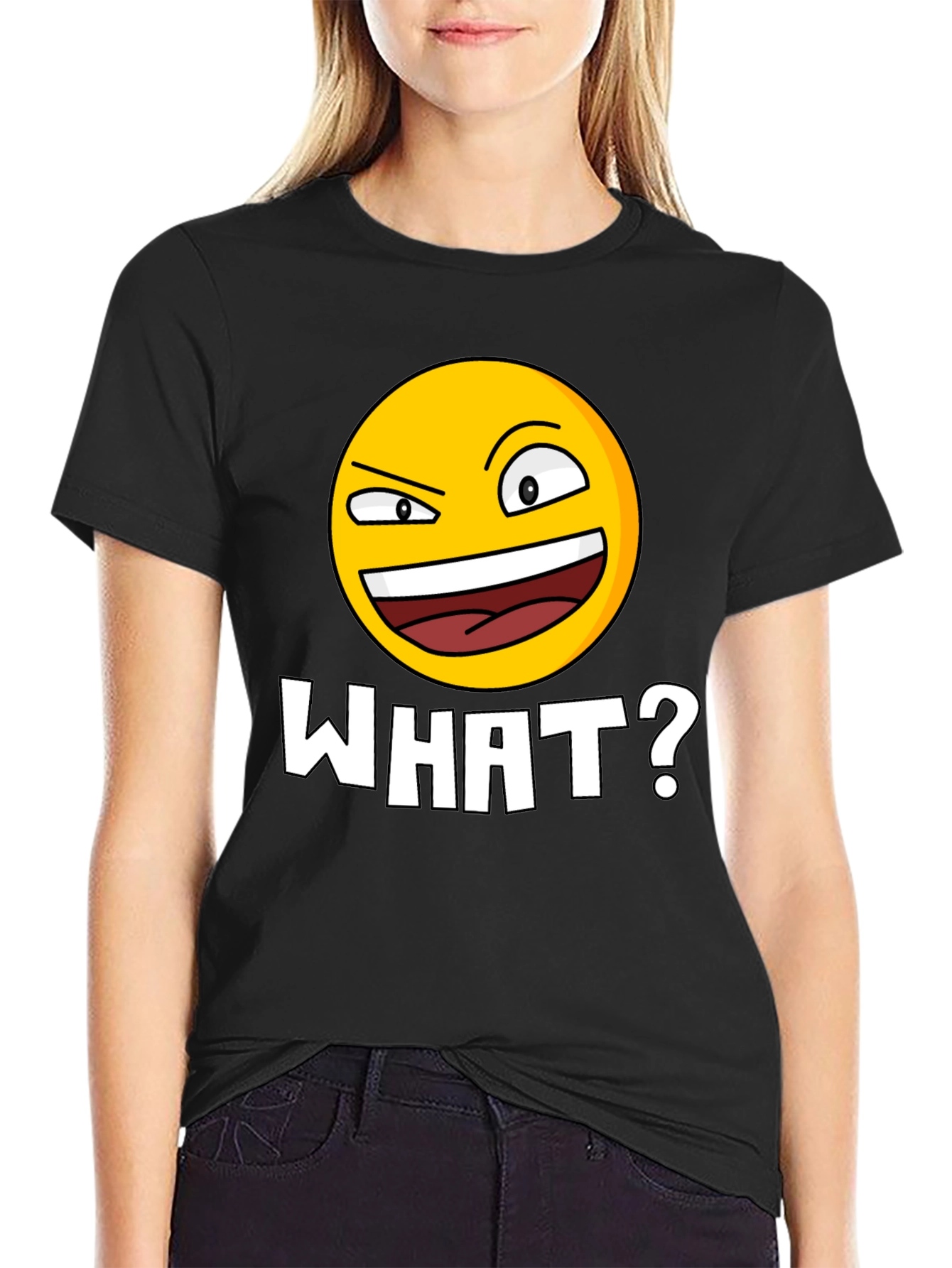 Funny Emoji WHAT? Black T-Shirt