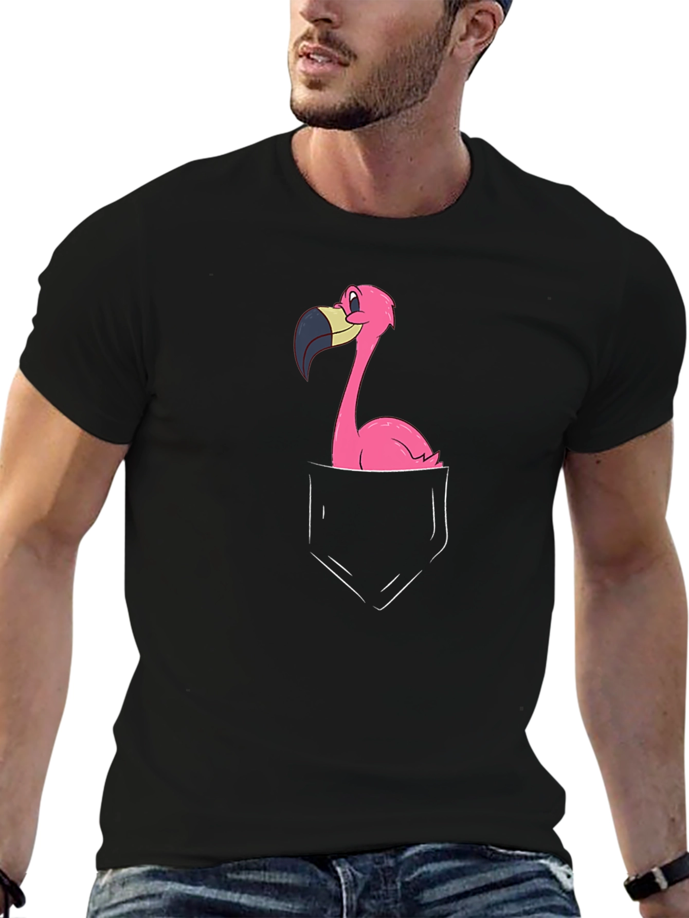 Pocket Flamingo Graphic T-Shirt - Novelty Tee