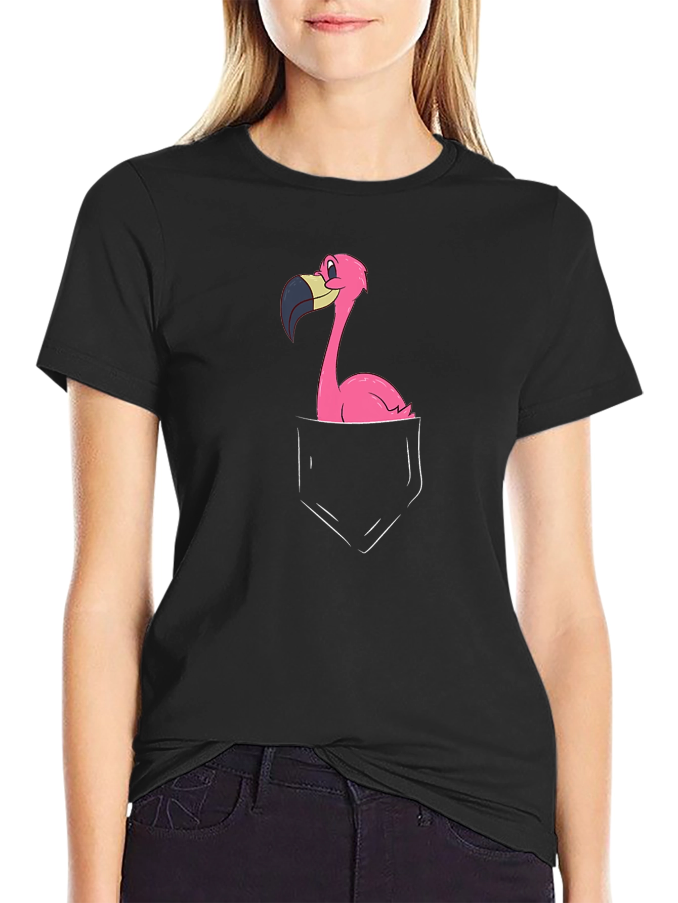 Pocket Flamingo Graphic T-Shirt - Novelty Tee