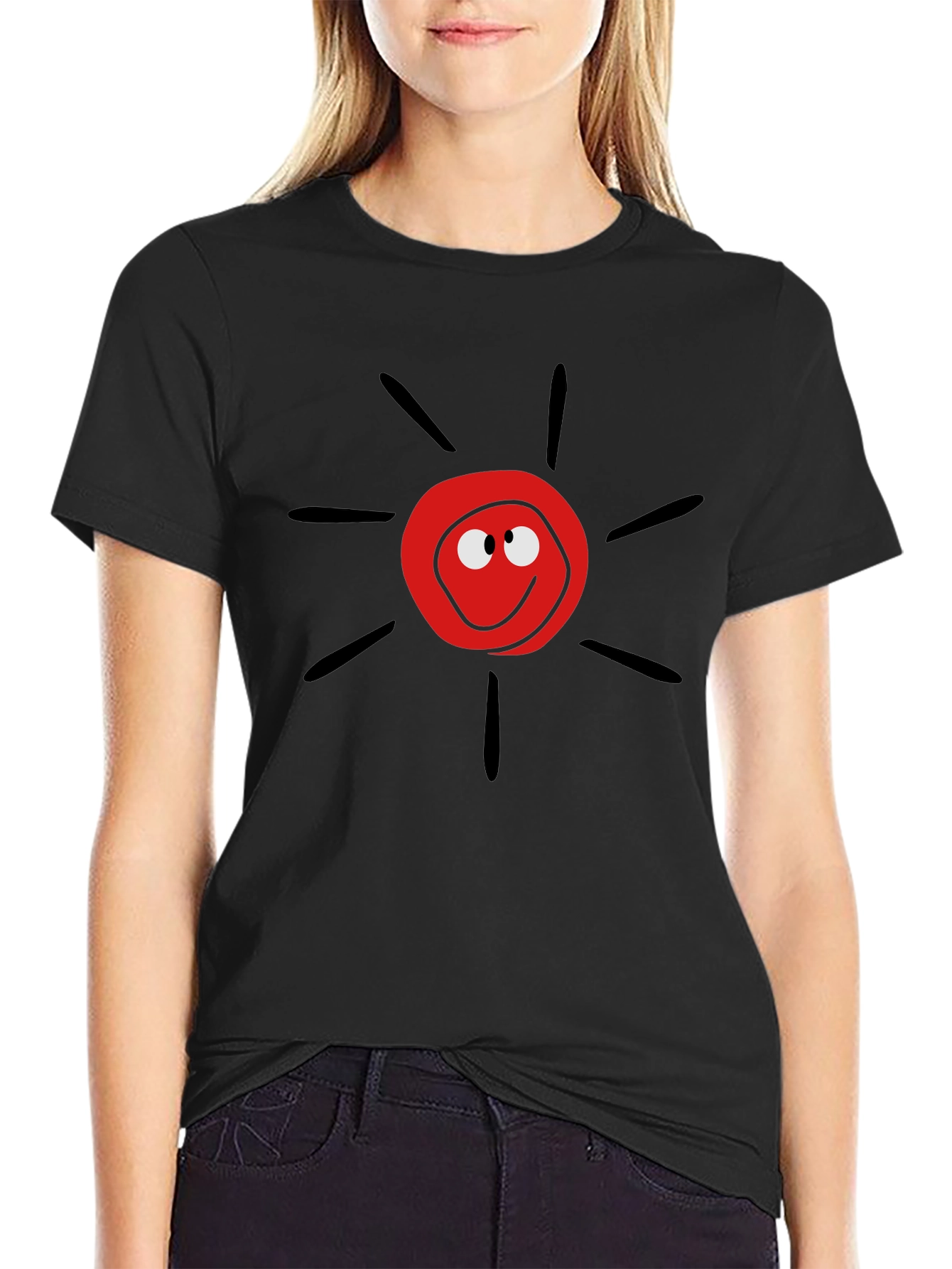 Cartoon Sun Graphic Tee - Black Casual T-Shirt