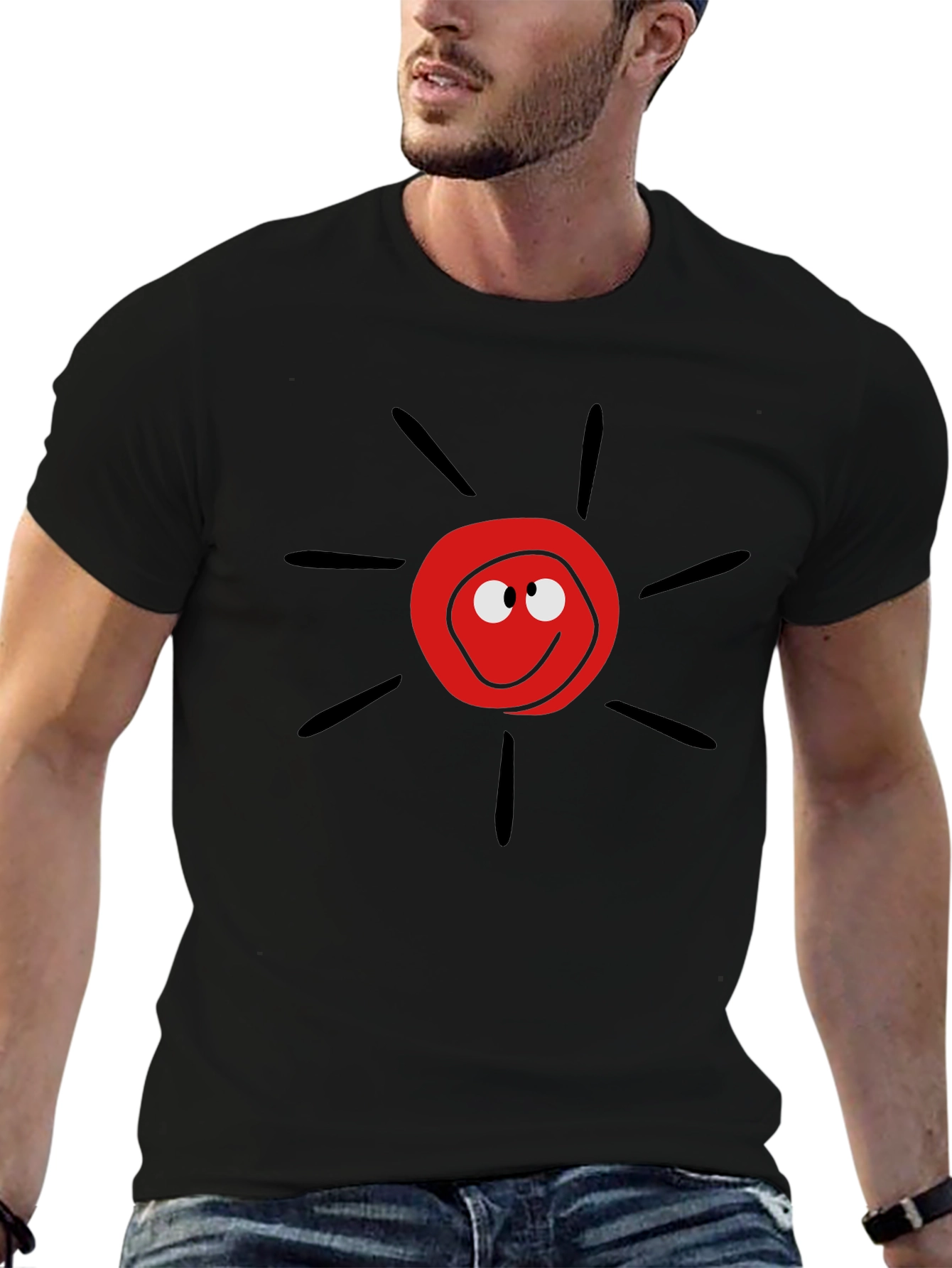 Cartoon Sun Graphic Tee - Black Casual T-Shirt