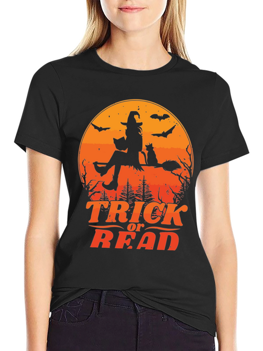 Halloween Trick or Read T-Shirt Witch Cat Bats