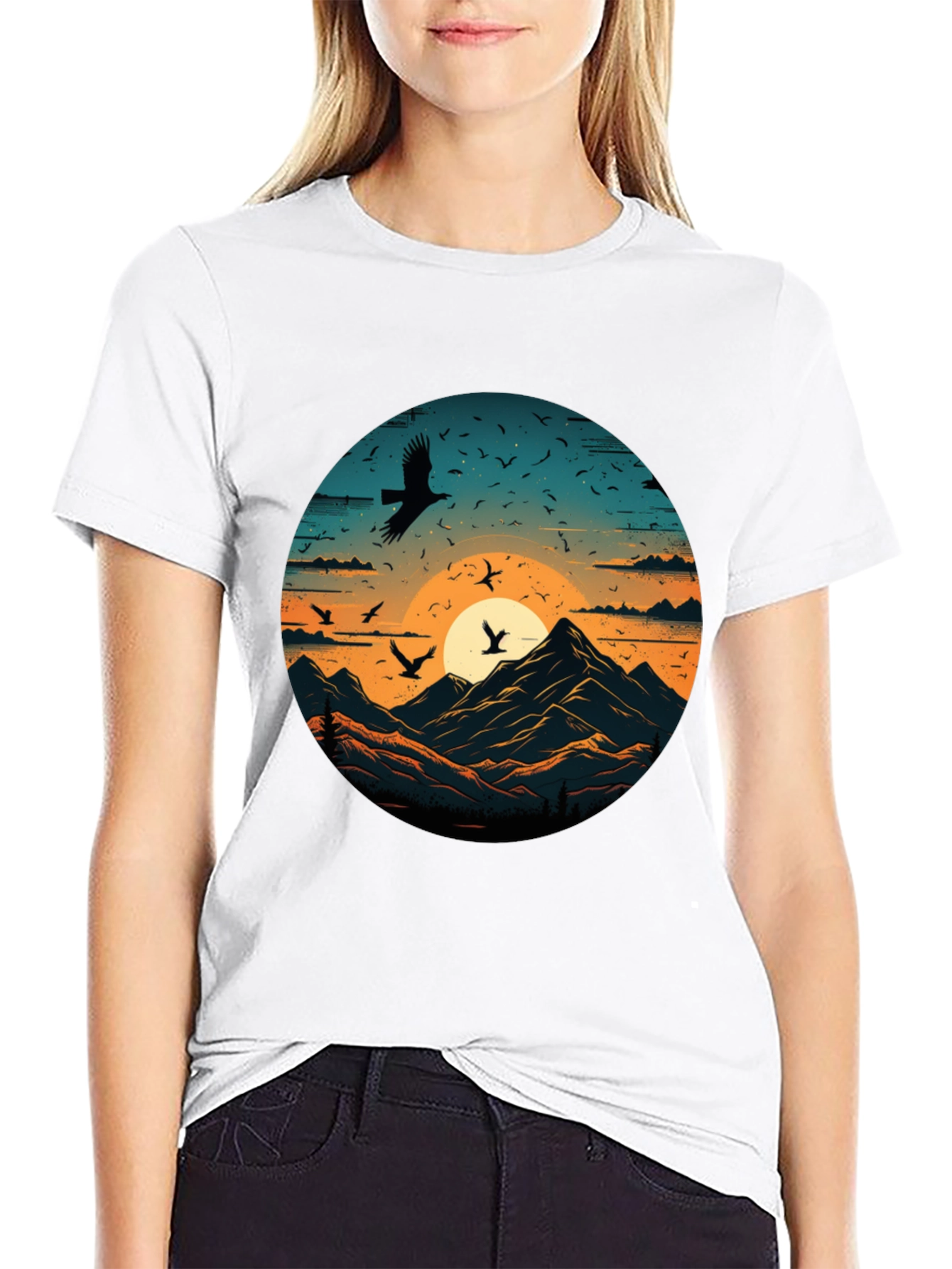 Mountain Sunset Bird Graphic T-Shirt