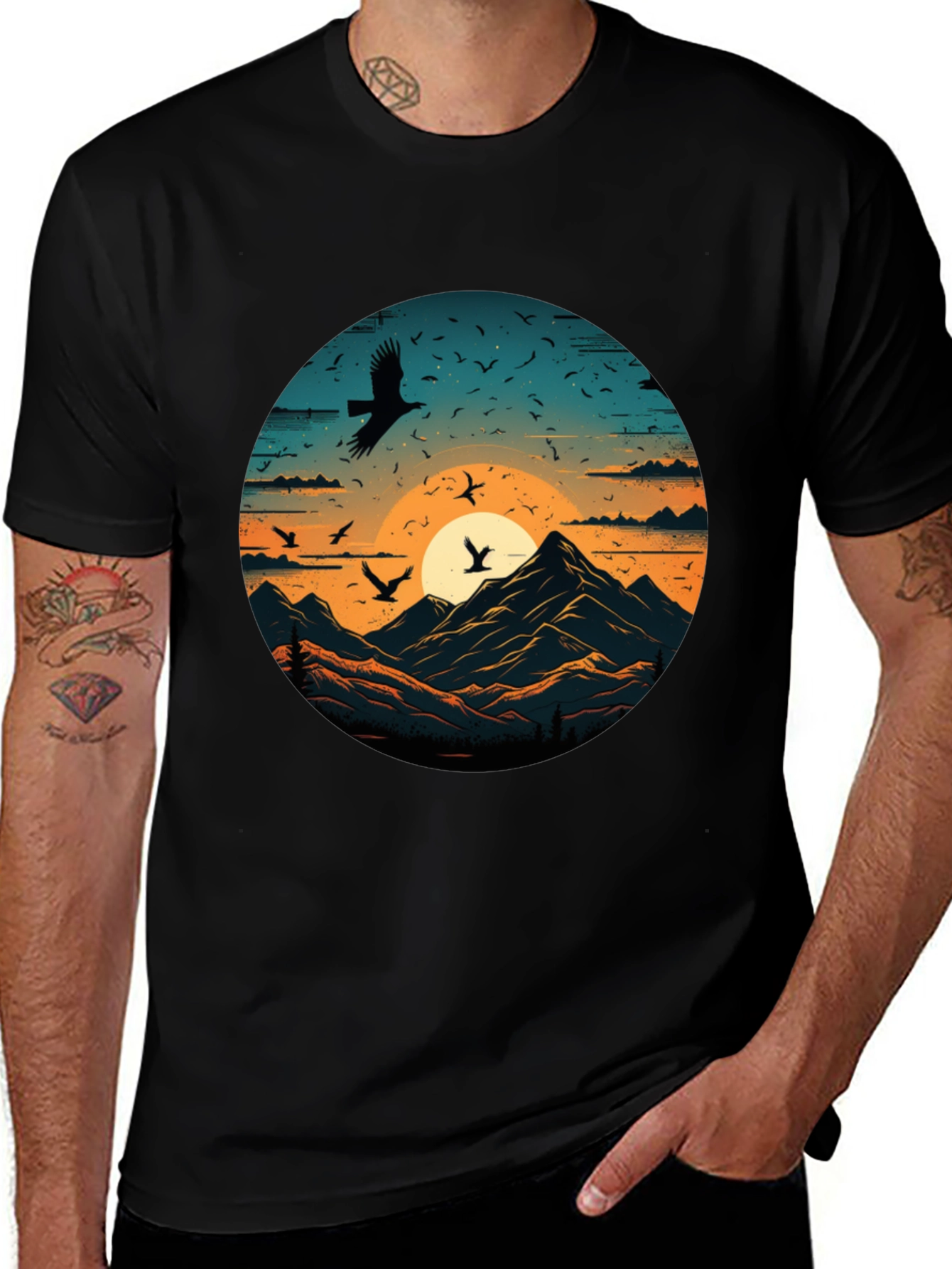 Mountain Sunset Bird Graphic T-Shirt
