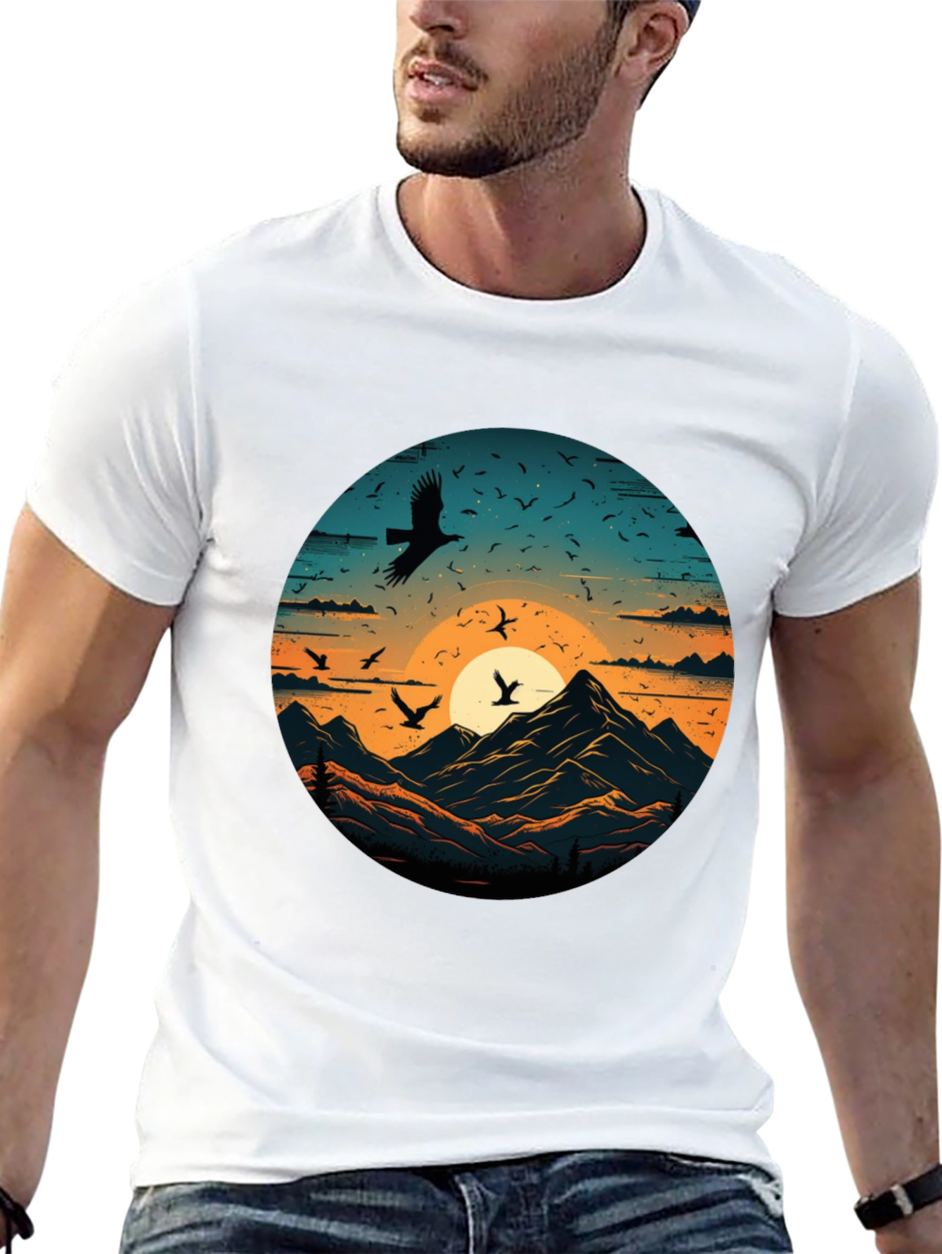 Mountain Sunset Bird Graphic T-Shirt