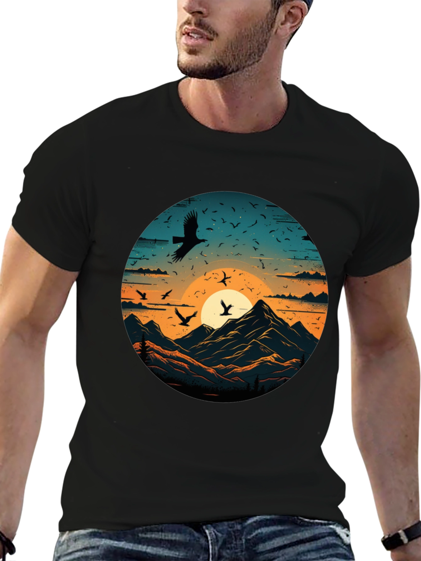 Mountain Sunset Bird Graphic T-Shirt