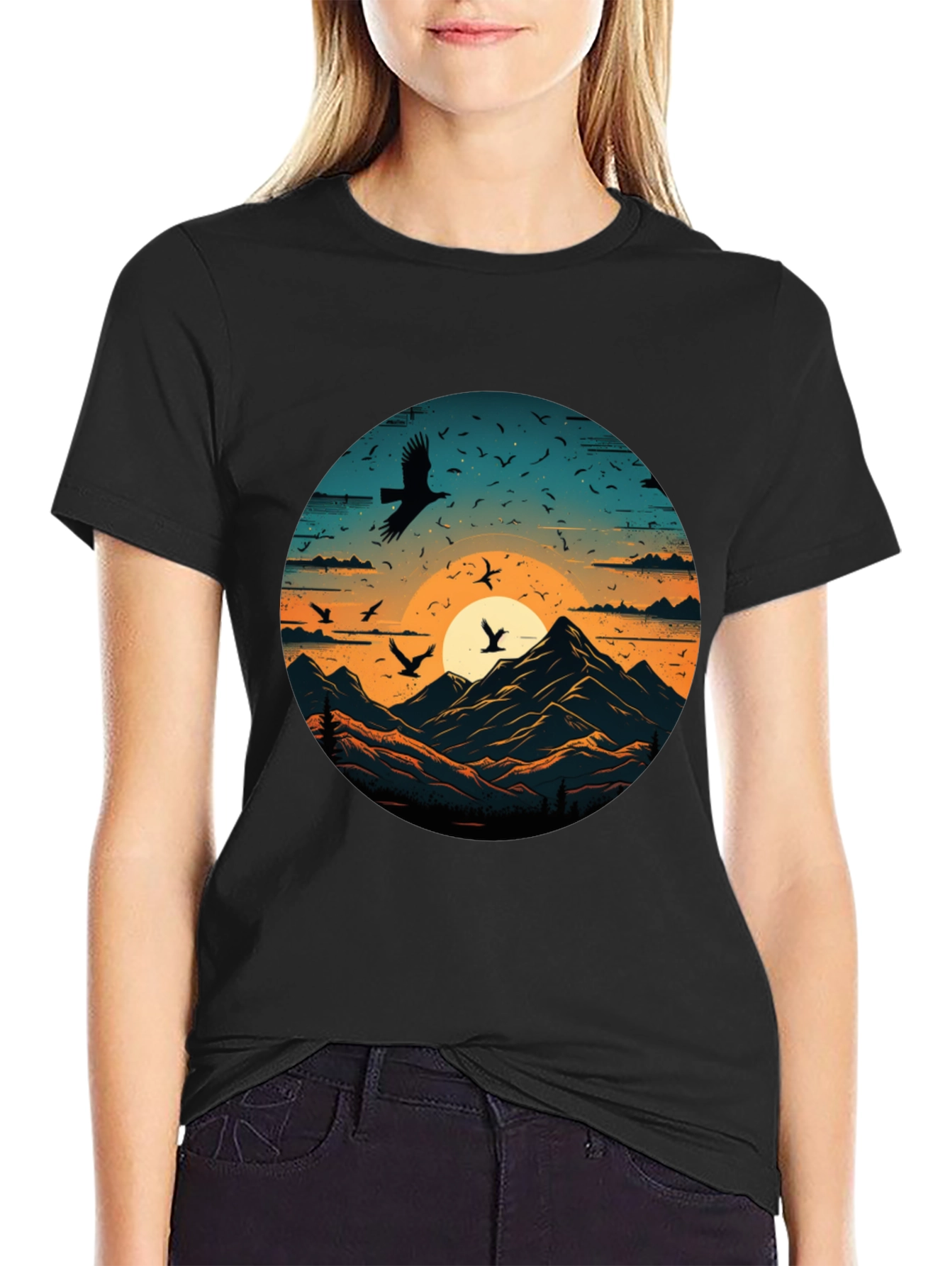 Mountain Sunset Bird Graphic T-Shirt