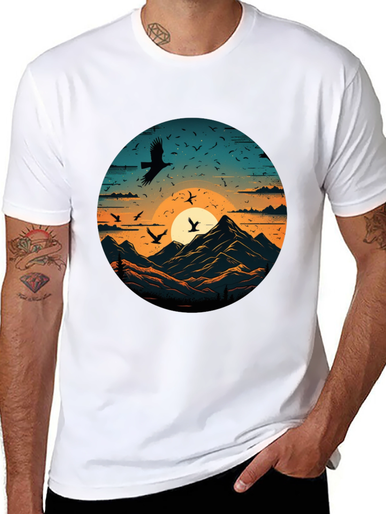 Mountain Sunset Bird Graphic T-Shirt