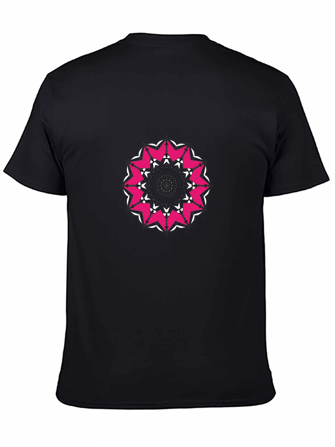 Black T-Shirt with Pink and White Mandala Design
