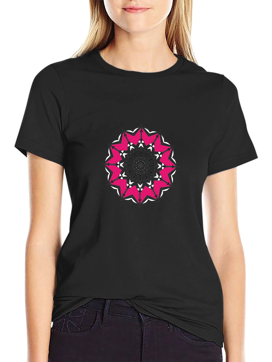 Black T-Shirt with Pink and White Mandala Design