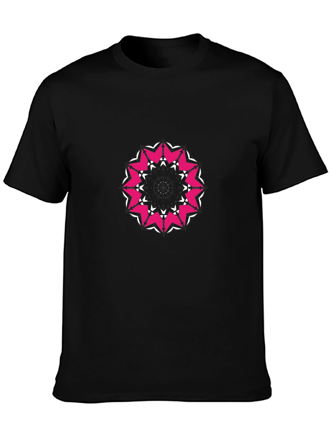 Black T-Shirt with Pink and White Mandala Design