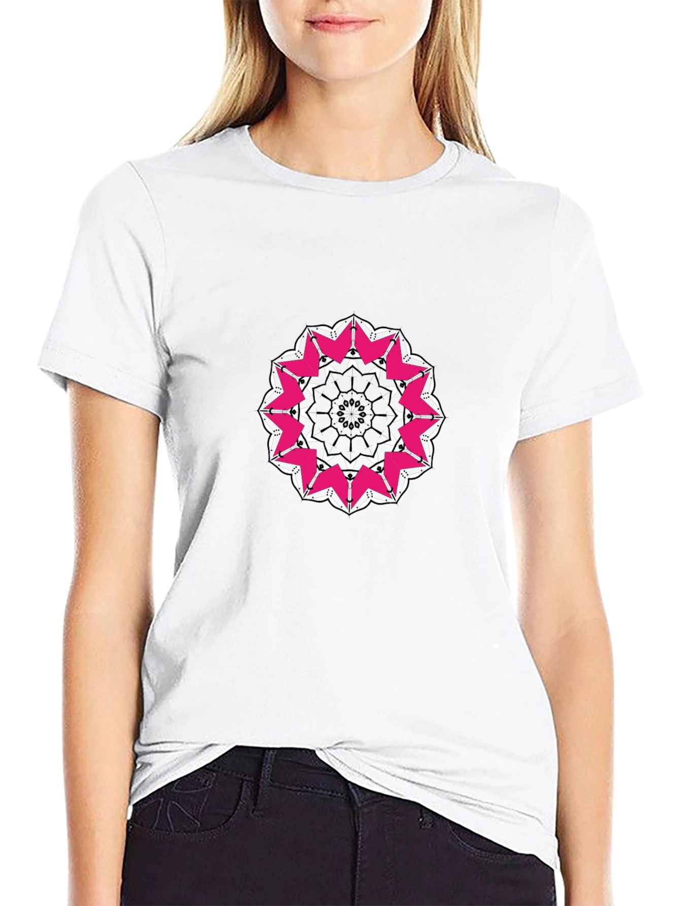 Black T-Shirt with Pink and White Mandala Design