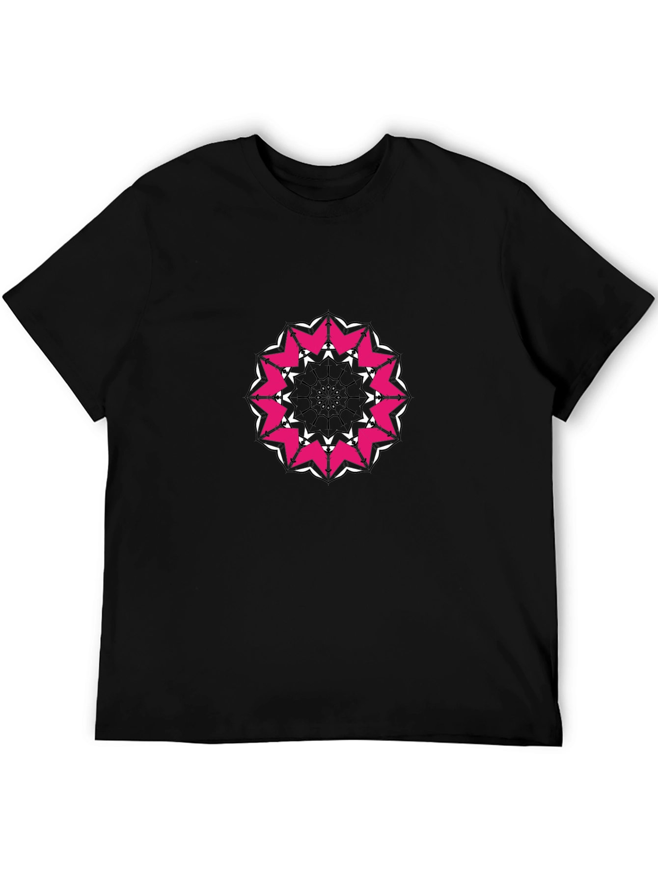Black T-Shirt with Pink and White Mandala Design
