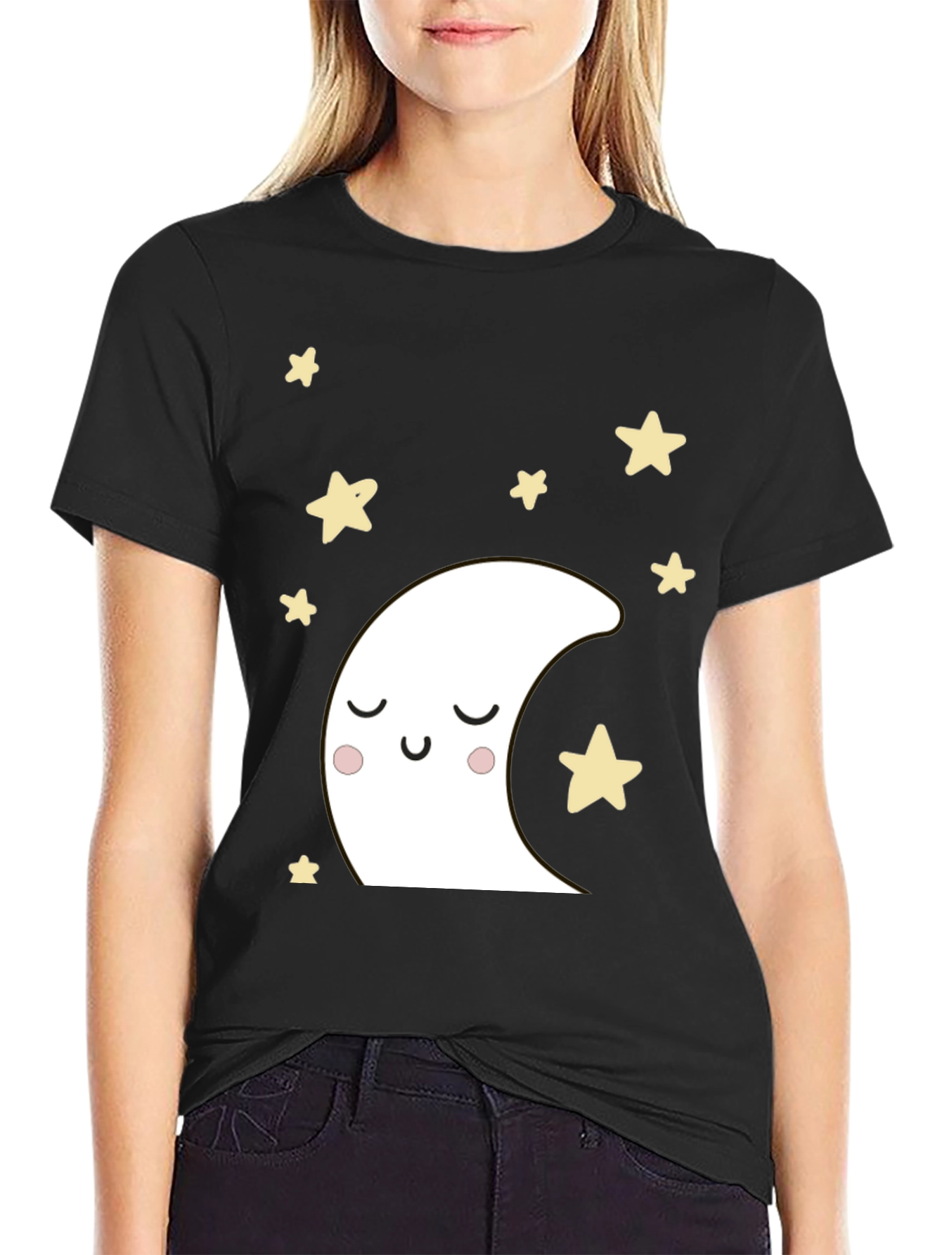 Cute Moon & Stars Black Graphic T-Shirt