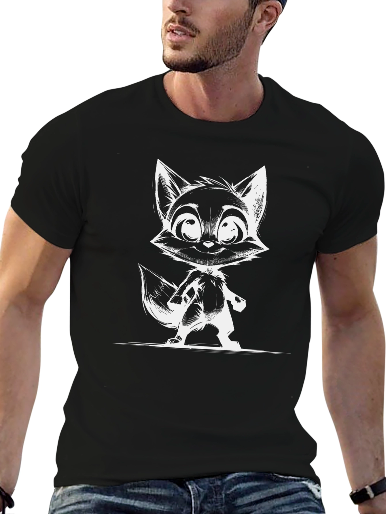 Cartoon Fox Graphic Black T-Shirt