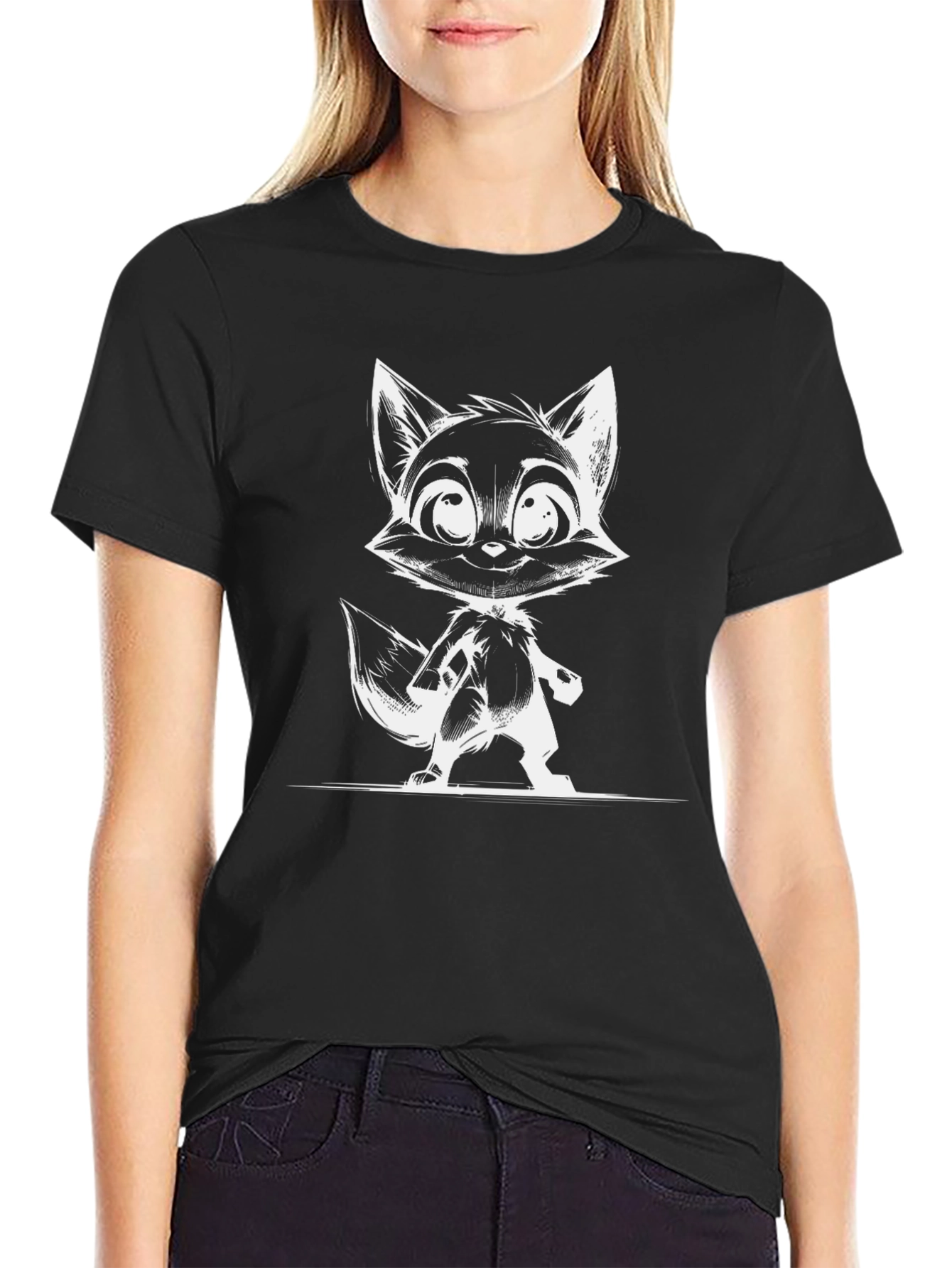 Cartoon Fox Graphic Black T-Shirt