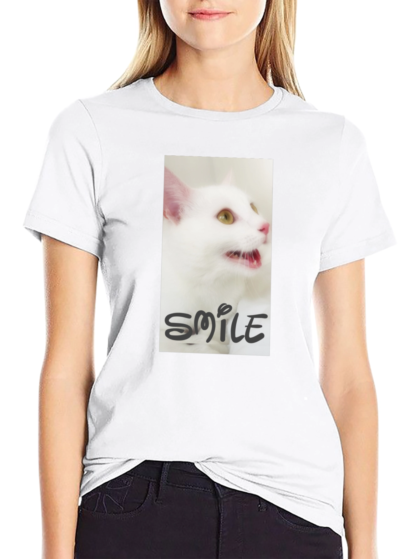 Black T-Shirt with White Cat Smile Graphic