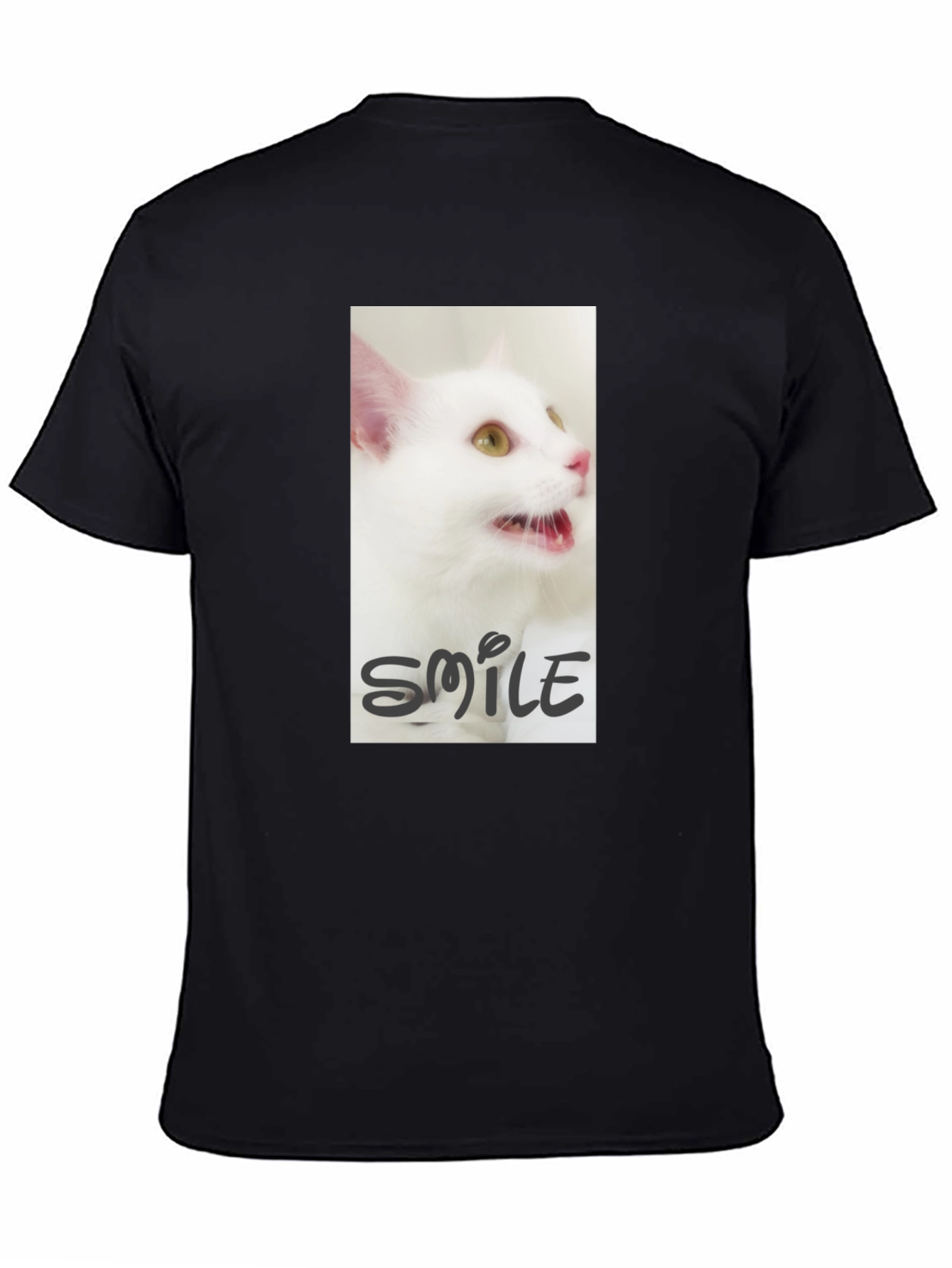 Black T-Shirt with White Cat Smile Graphic